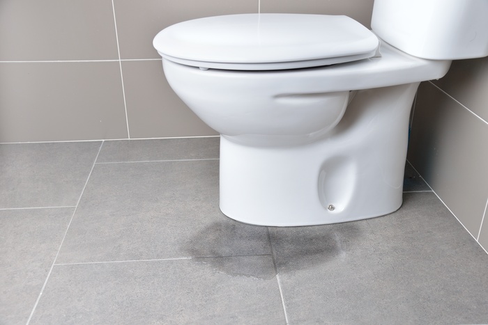 A closed toilet with a puddle of water near the base. The toilet sits on a gray tile floor with white caulk.
