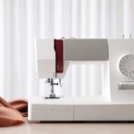 A white sewing machine sits on a wooden table next to a salmon-colored piece of cloth. A pink basket is also next to the machine.