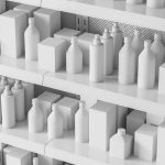 Supermarket shelves with different packages on them. The packages are blank white with no branding on any of them.